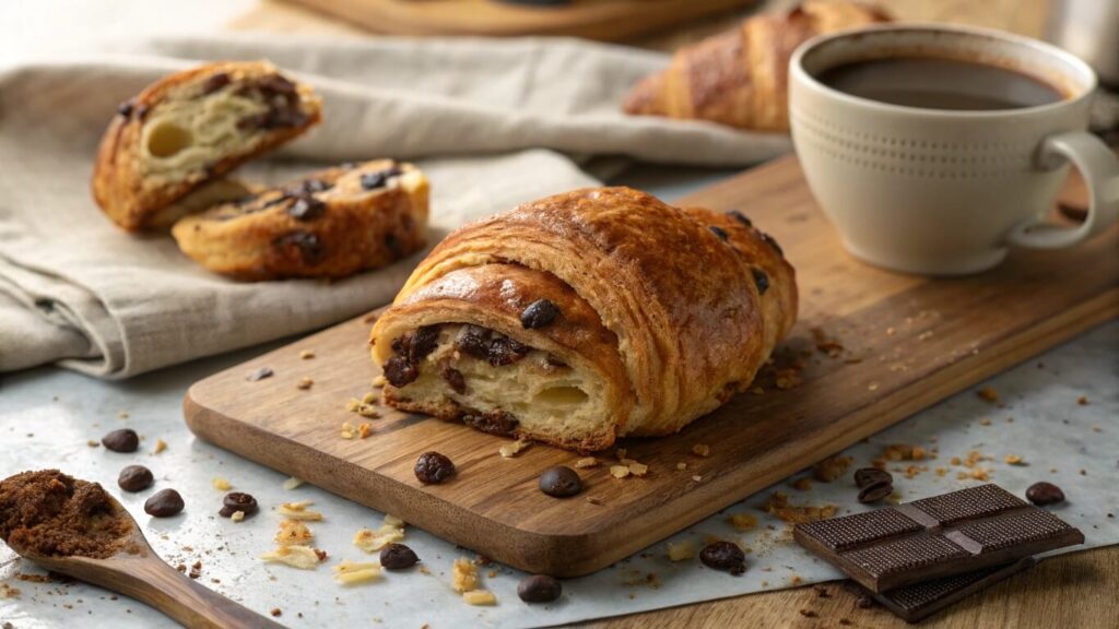 Close-up of a crookie with flaky layers and chocolate filling