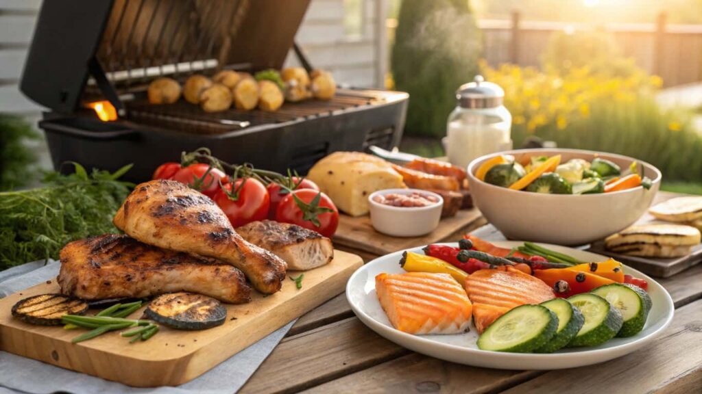 Low-carb barbecue spread with grilled meats and vegetables