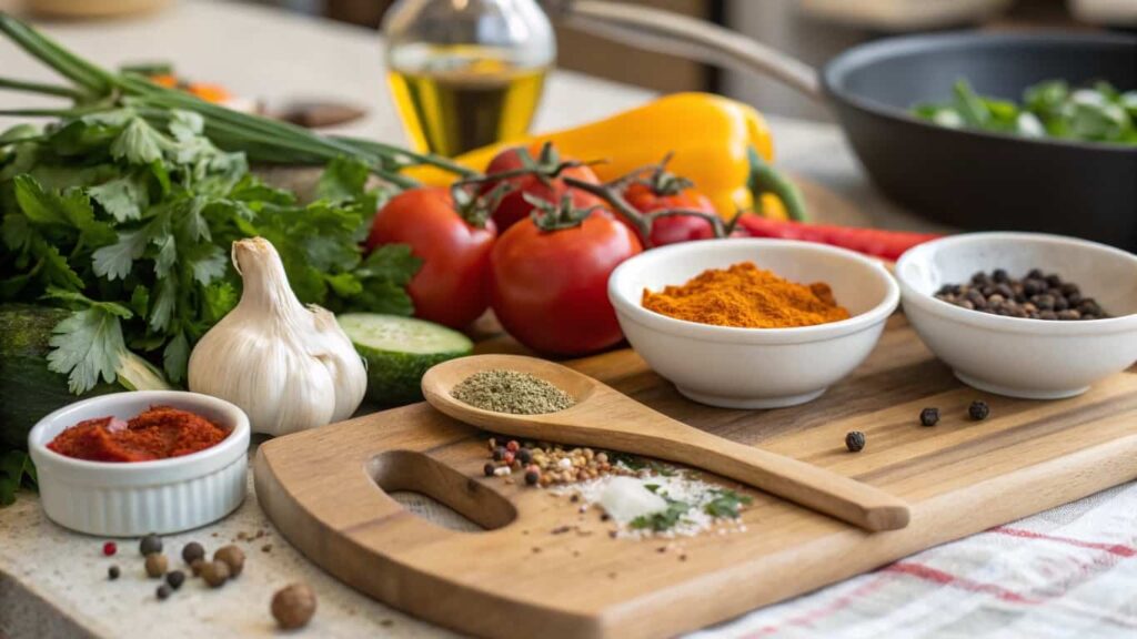 A wooden cutting board with spices, fresh herbs, tomatoes, garlic, and other vegetables, with a pan and olive oil bottle in the background.