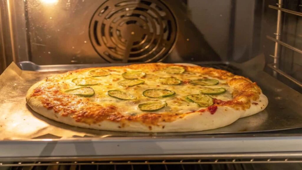 A golden-brown pickle pizza baking in the oven, with bubbling cheese and crispy crust.