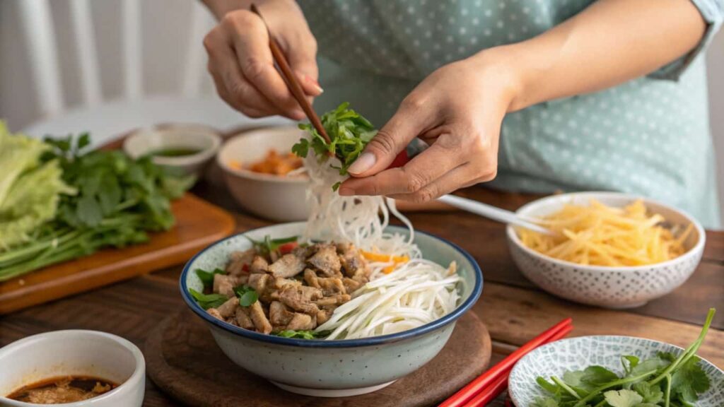 A person preparing a bowl of noodle salad, adding fresh herbs with chopsticks, surrounded by ingredients like vegetables, sauces, and herbs.