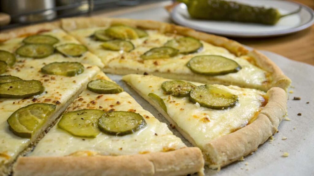 Close-up of a freshly baked Pickle Pie Pizza with a golden crust, melted cheese, and sliced pickles on top. A whole pickle is visible on a plate in the background.