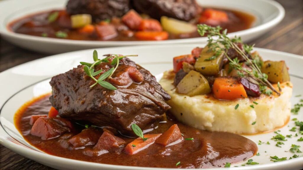 Braised beef cheek meat served with a rich sauce, creamy mashed potatoes, and roasted vegetables, garnished with fresh thyme.