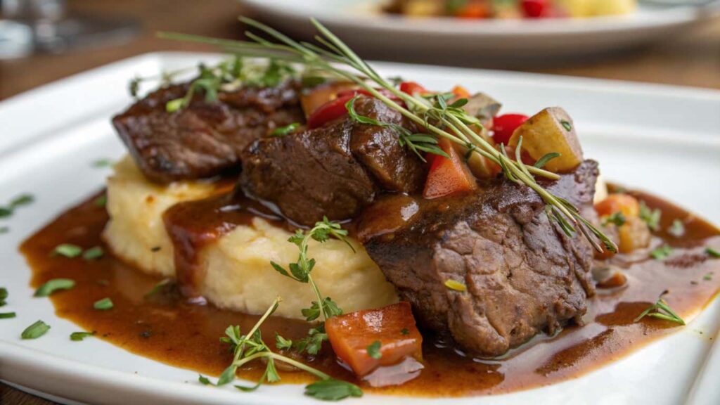 Braised beef cheek meat served over mashed potatoes with a rich sauce, garnished with fresh herbs and vegetables.