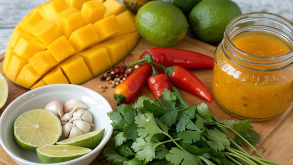 Fresh ingredients for mango habanero sauce, including diced mango, red chili peppers, garlic, limes, cilantro, and a jar of homemade sauce on a wooden cutting board.