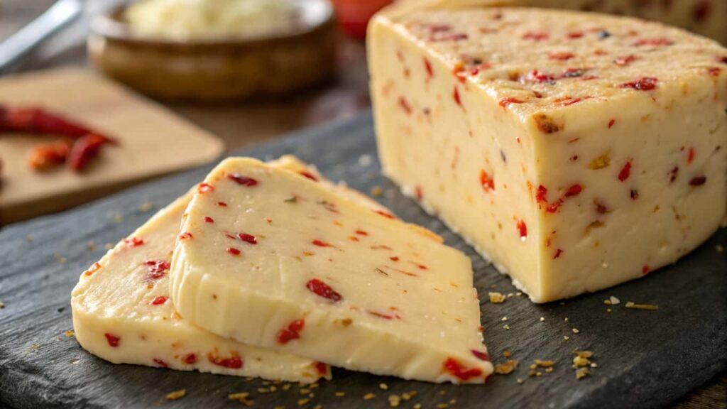 Close-up of Pepper Jack cheese with visible red pepper flakes, sliced and placed on a dark slate board, with dried chili peppers in the background.