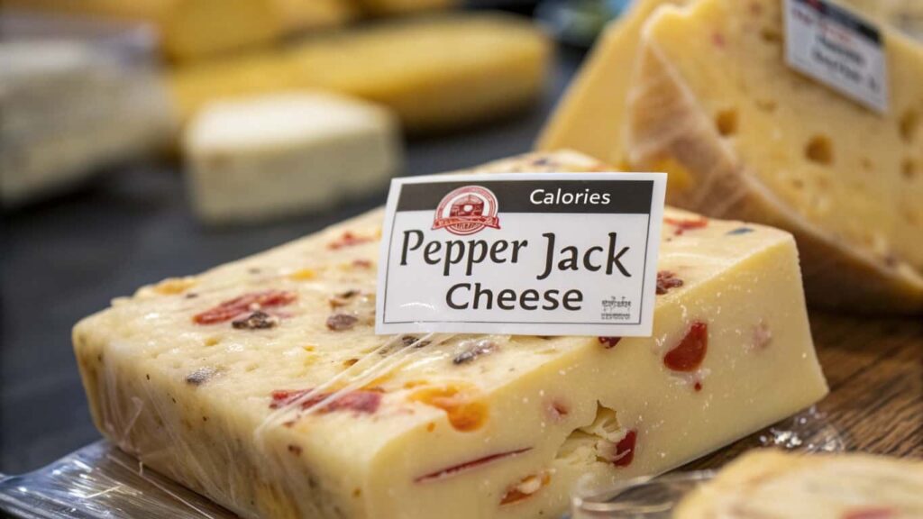 A close-up of packaged Pepper Jack cheese with a label, showcasing its creamy texture and red pepper flakes, displayed among other cheeses at a market.