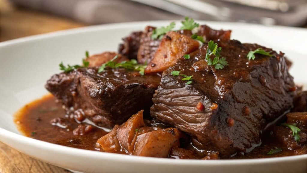 Braised beef cheek meat in a rich sauce, served with tender potatoes and garnished with fresh parsley.