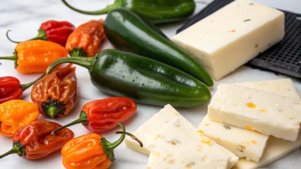 A selection of fresh jalapeño and habanero peppers next to a block of Pepper Jack cheese, with slices revealing bits of spicy peppers inside.