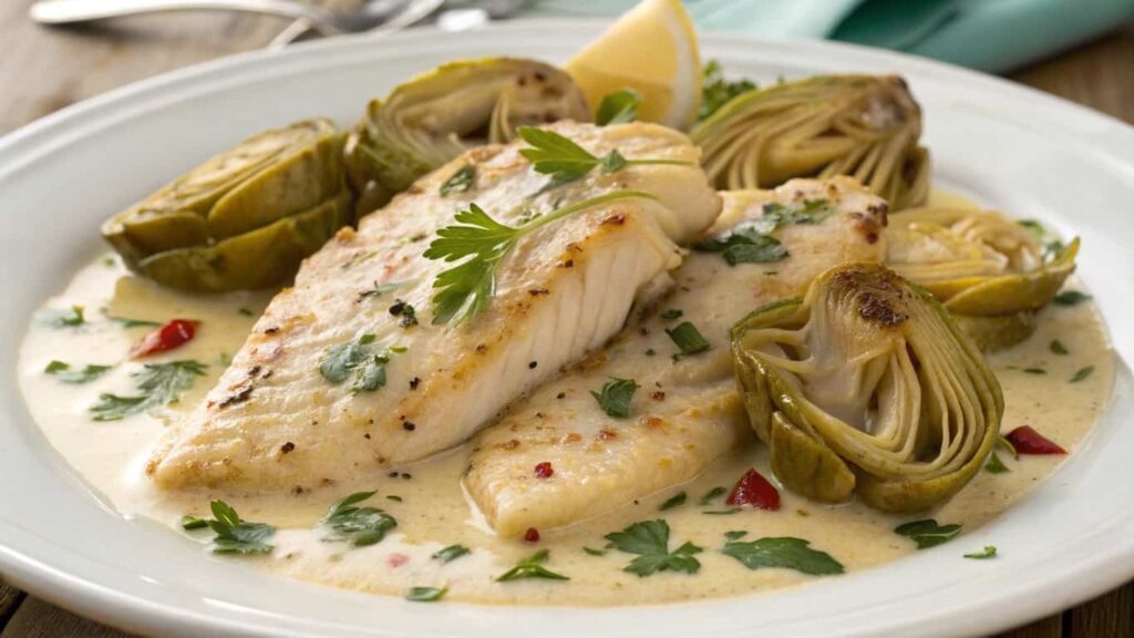 Seared tilapia fillets served in a creamy sauce with roasted artichokes, garnished with fresh parsley and red pepper flakes.