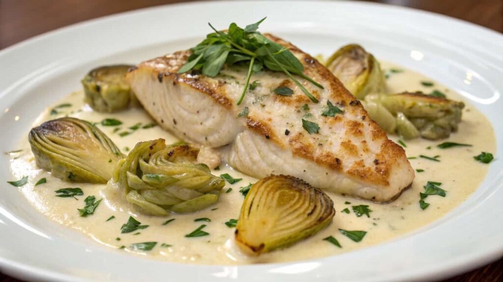 A seared tilapia fillet served on a creamy sauce with roasted artichokes, garnished with fresh herbs on a white plate.