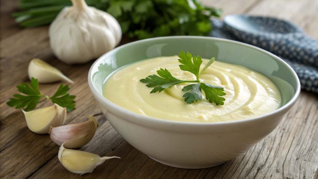 A bowl of creamy garlic sauce garnished with fresh parsley, surrounded by garlic cloves and herbs on a rustic wooden table.

