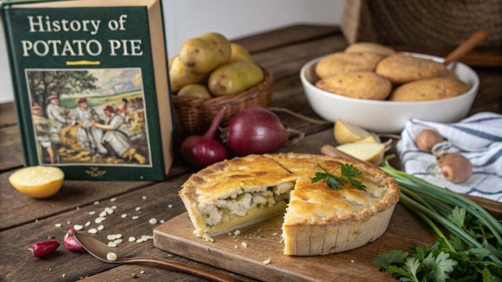 A freshly baked potato pie with a golden crust, sliced open to reveal a creamy filling, surrounded by fresh ingredients and a book titled History of Potato Pie.