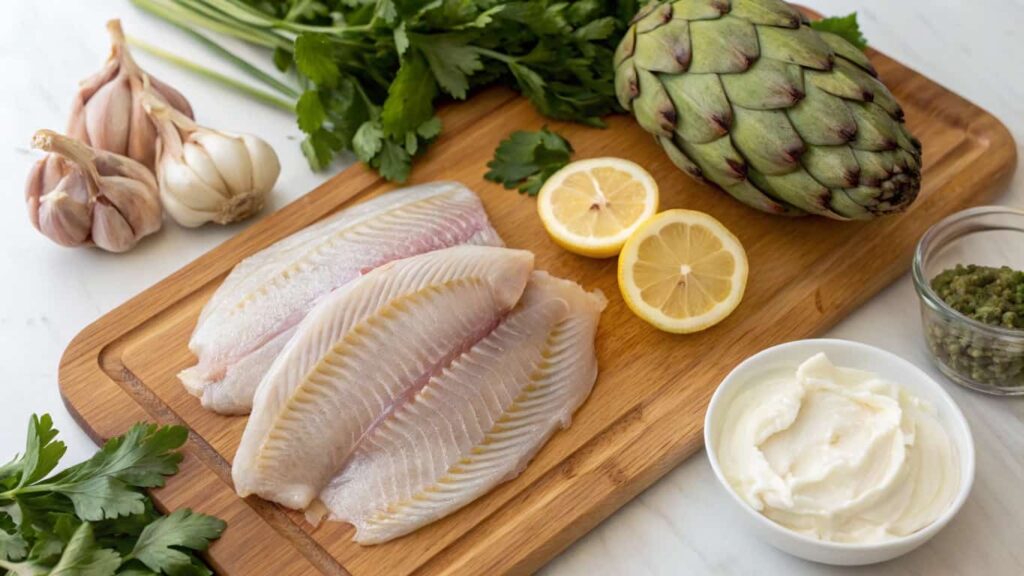 Fresh tilapia fillets, artichoke, garlic, lemons, parsley, capers, and a bowl of cream arranged on a wooden cutting board.