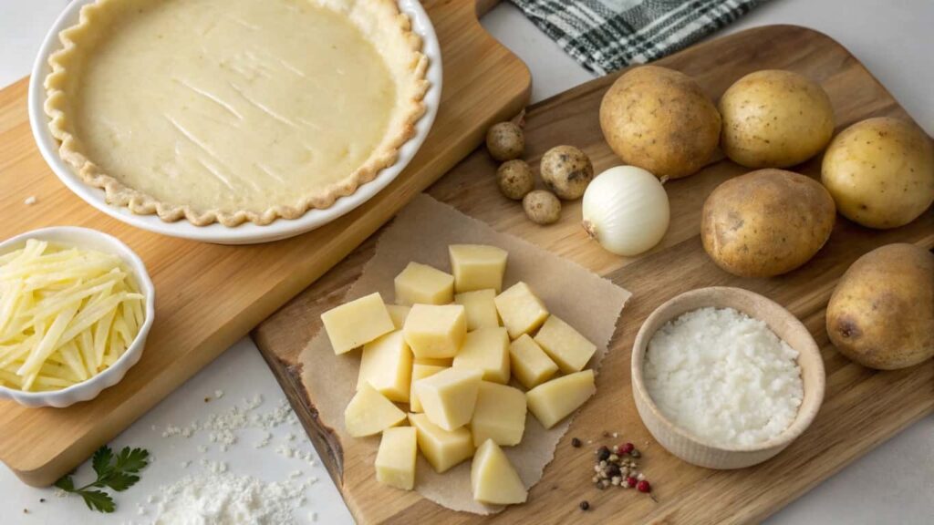 Ingredients for Passover potato pie, including raw potatoes, diced potatoes, shredded cheese, salt, onion, and an unbaked pie crust, arranged on a wooden board.