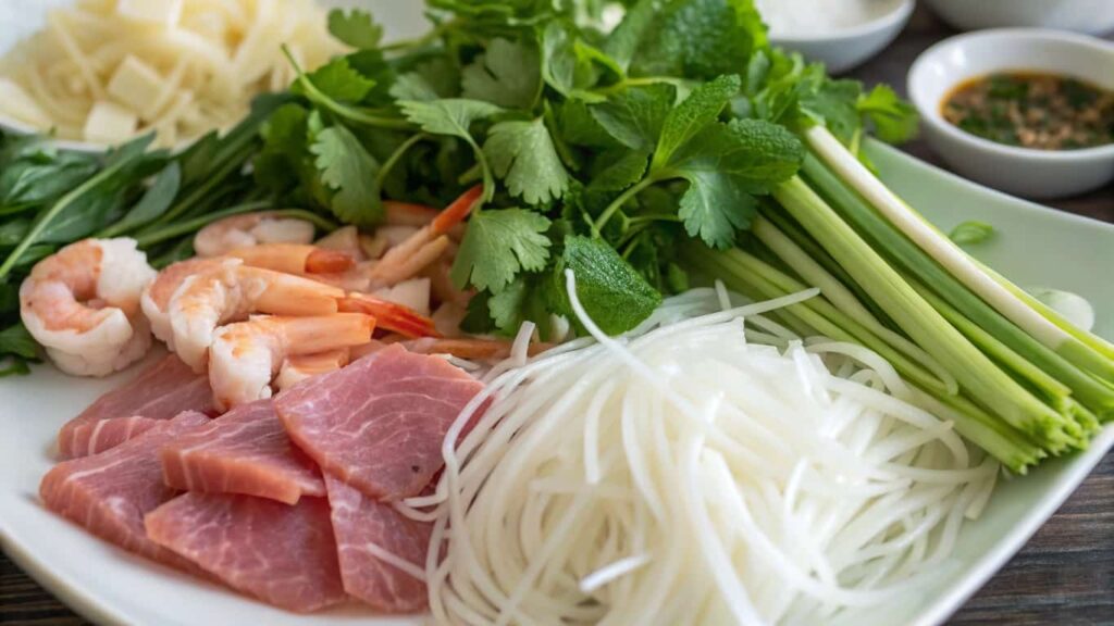 A plate of fresh ingredients for Bun Moc, including shrimp, sliced meat, vermicelli noodles, and herbs.