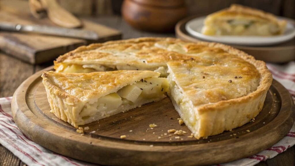 A golden-brown Passover potato pie with a flaky crust, sliced open to reveal a tender potato filling, served on a wooden board.