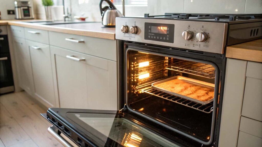 An open oven in a modern kitchen with a baking sheet inside, cooking food under the warm oven light.
