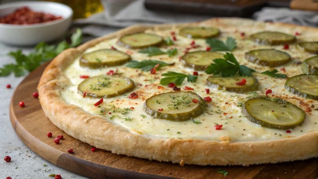 A freshly baked pickle pizza on a wooden board, topped with melted cheese, sliced pickles, red pepper flakes, and fresh parsley.