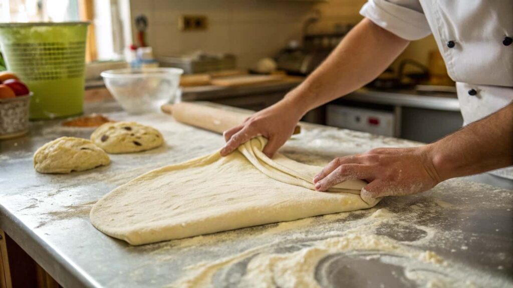 A chef stretching and folding fresh pizza dough on a floured countertop in a professional kitchen.

