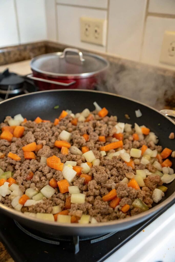 Diced onions, garlic, and carrots cooking together with ground beef, creating a flavorful soup base.