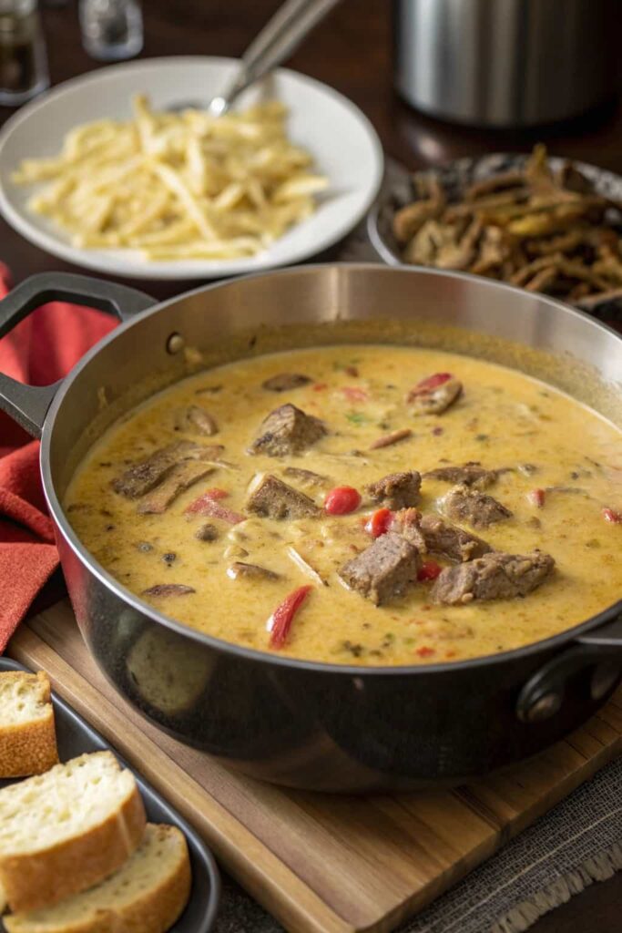 Creamy Philly Cheesesteak Soup in a pot with cheesy croutons on the side