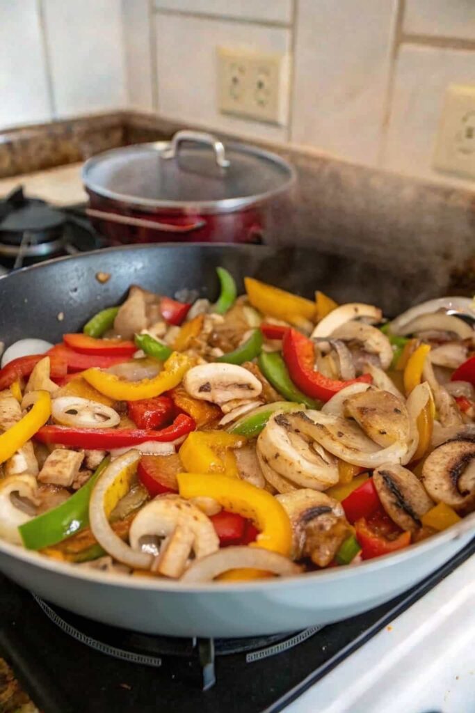 Sautéed onions, bell peppers, and mushrooms in a pot