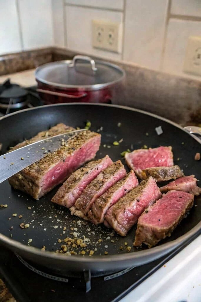 Seasoned steak cut into small pieces on a cutting board