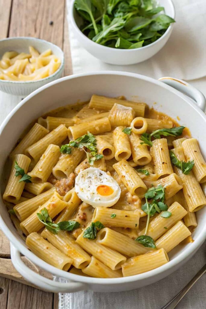 Individual serving of creamy one pot pasta recipe with lemon and burrata in a white bowl.