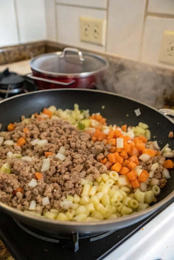 Pouring beef broth and elbow macaroni into the pot, starting to build the hearty soup texture.