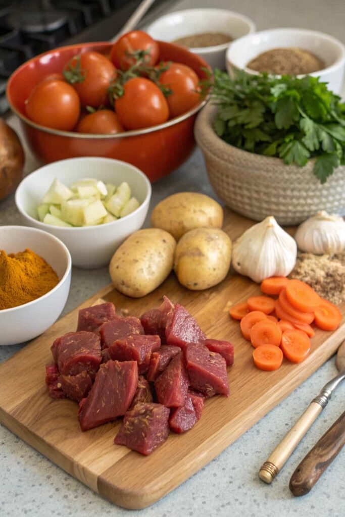 Beef curry ingredients laid out on a table