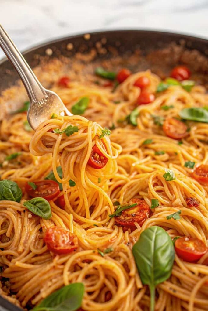 Tasty One Pot Cherry Tomato Basil Pasta meal