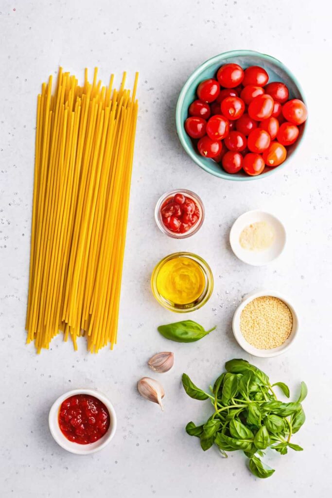 ingredients for One Pot Cherry Tomato Basil Pasta 