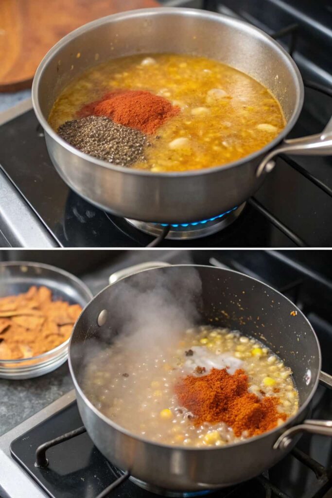 Step-by-step cooking of dal chawal in a single pot showing tempering and simmering process