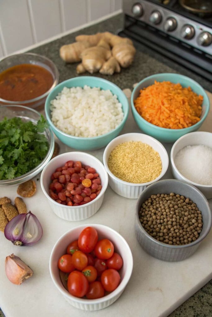 Ingredients for one pot dal chawal recipe arranged neatly on a countertop