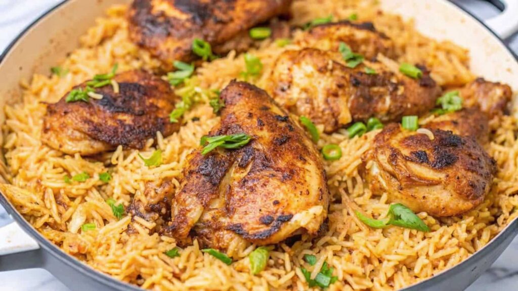 Delicious one pot chicken and rice served hot and ready to eat.