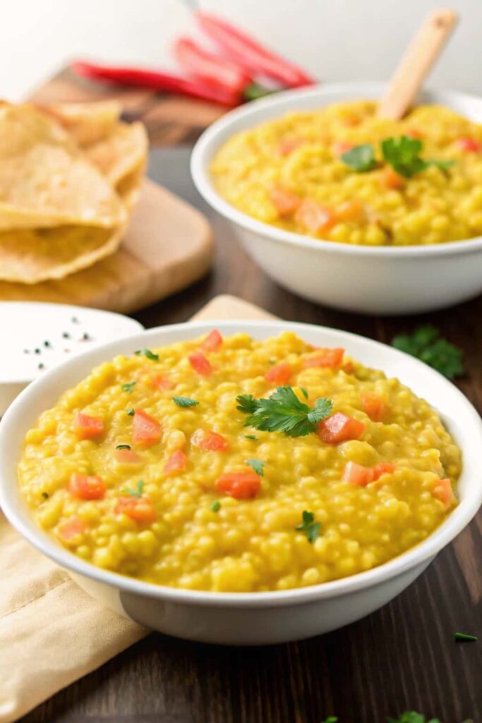 Serving suggestion of dal chawal with yogurt and crispy flatbread